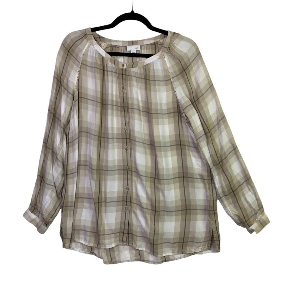 J. Jill Women's Tan Cream Plaid Button Up Top Blouse Size Medium